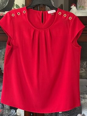 Calvin Klein Bright Red Sleeveless Blouse with Gold Grommet Detail